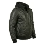 Noctra Black Hooded Leather Bomber Jacket - Image 2