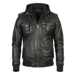 Noctra Black Hooded Leather Bomber Jacket