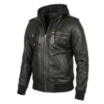 Noctra Black Hooded Leather Bomber Jacket - Image 3