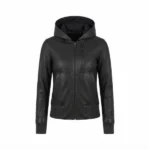 luci black hooded leather bomber jacket