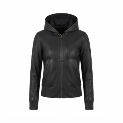 luci black hooded leather bomber jacket